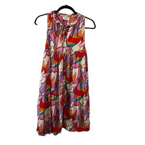 Aura Pink Floral Sleeveless Button Up Lined Dress Tropical Vacation Women Size M